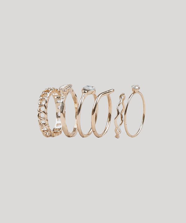 Kit de 6 Anéis Femininos com Strass Dourado G