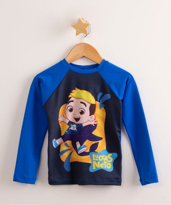 blusa de praia infantil luccas neto manga curta com proteção uv50+ azul 12