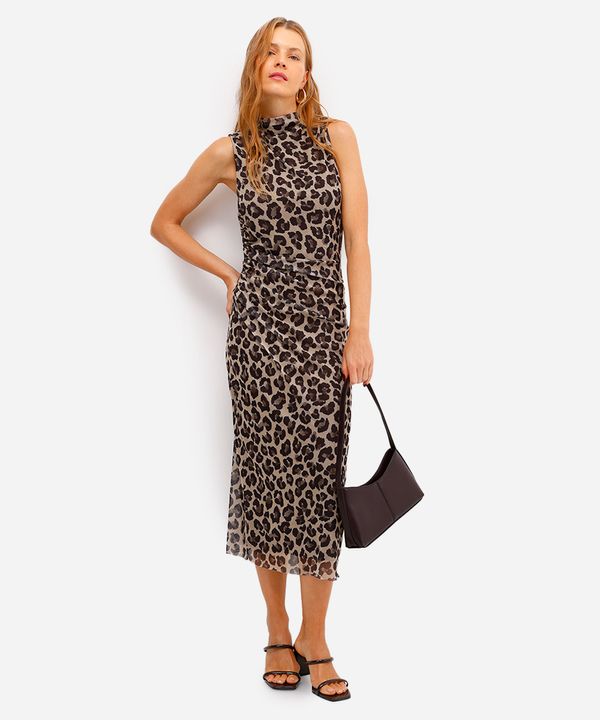 vestido midi feminino de tule animal print franzido bege GG