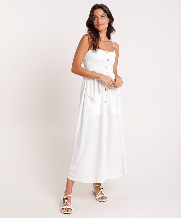 Vestido Saída de Praia Midi com Linho e Botões Alça Fina Off White G