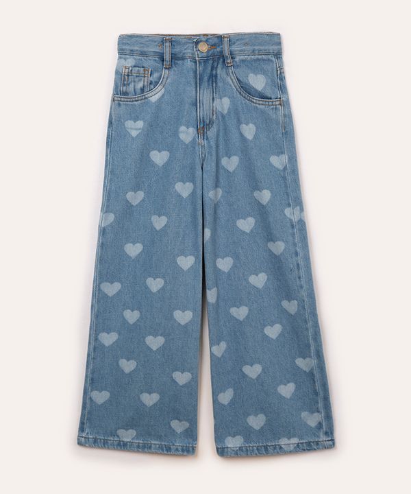 calça jeans wide leg infantil corações azul 10
