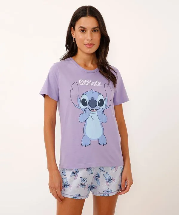 pijama de algodão manga curta com short stitch lilás P