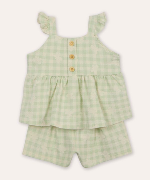 conjunto curto infantil xadrez borboleta texturizado verde 1