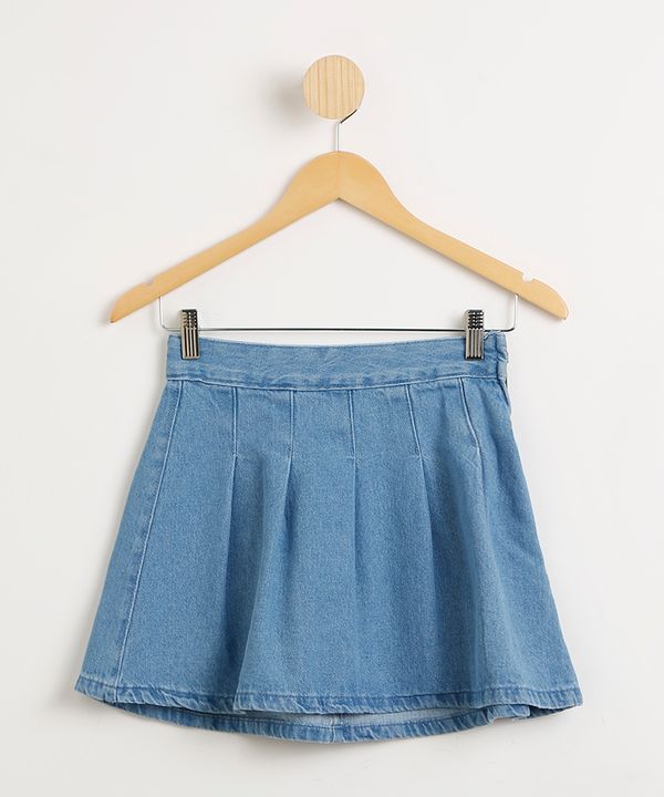 Saia Juvenil Jeans Curta com Pregas Azul Médio 10