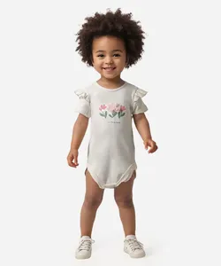 body infantil de algodão floral off white 6-9