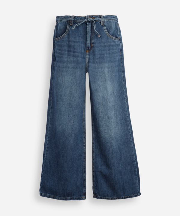 calça jeans wide leg infantil com cordão para amarração azul 12