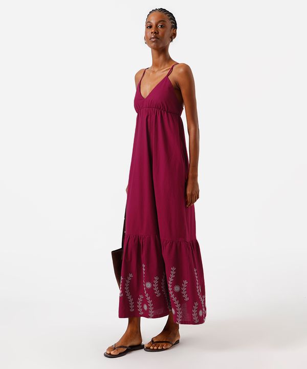 vestido longo alça fina feminino de algodão com recorte e bordado floral vinho PP