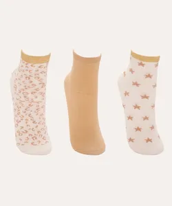 kit de 3 meias cano médio estrelinhas e animal print colorido 34-39