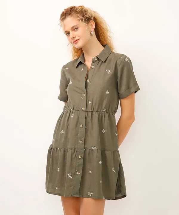 vestido curto feminino chemise bordado floral verde PP