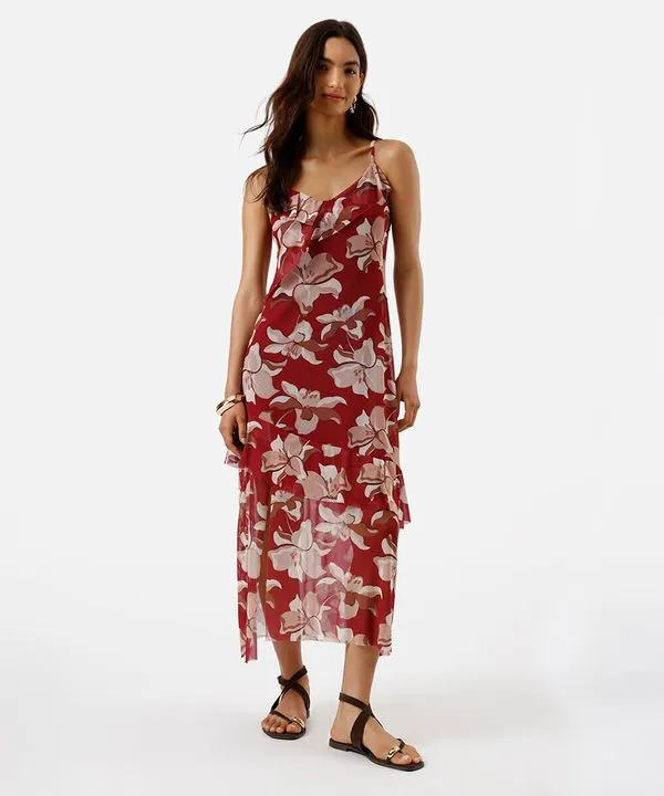 vestido midi alça fina feminino de tule com babados e fenda floral vinho PP
