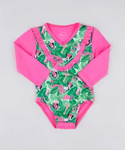 Maiô Infantil Minnie com Folhagem e Babado Manga Longa Proteção UV50+ Rosa Neon 1