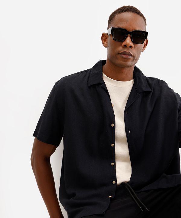 camisa masculina de linho manga curta preta M