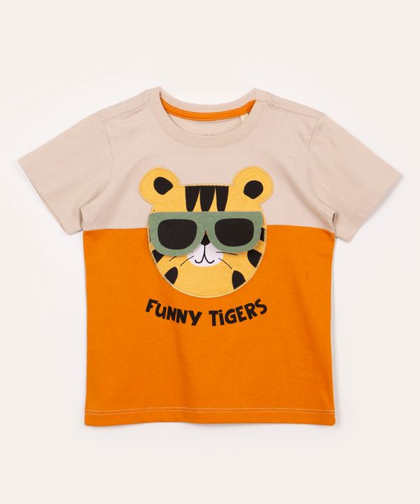 camiseta de algodão infantil tigre manga curta bege médio 1