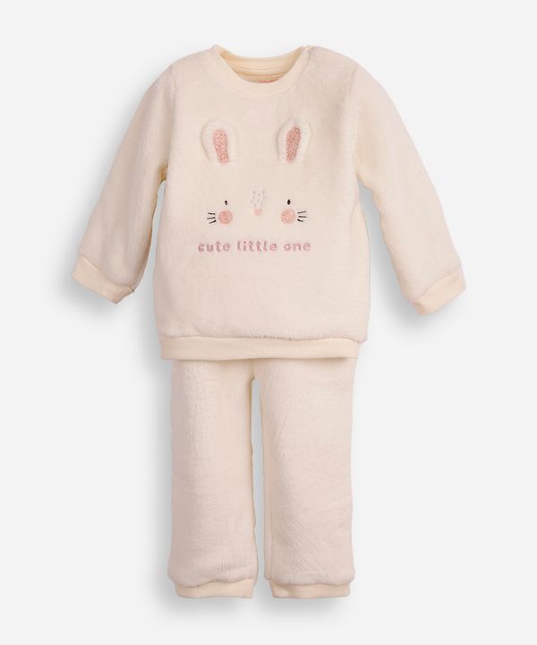 conjunto infantil longo de fleece coelhinho off white 3-6