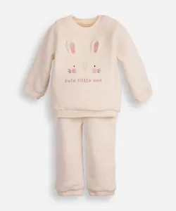 conjunto infantil longo de fleece coelhinho off white 6-9