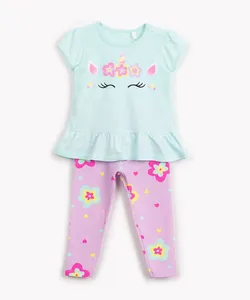 conjunto de algodão infantil unicórnio manga curta verde claro 4