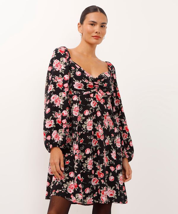 vestido curto de viscose manga bufante floral preto PP