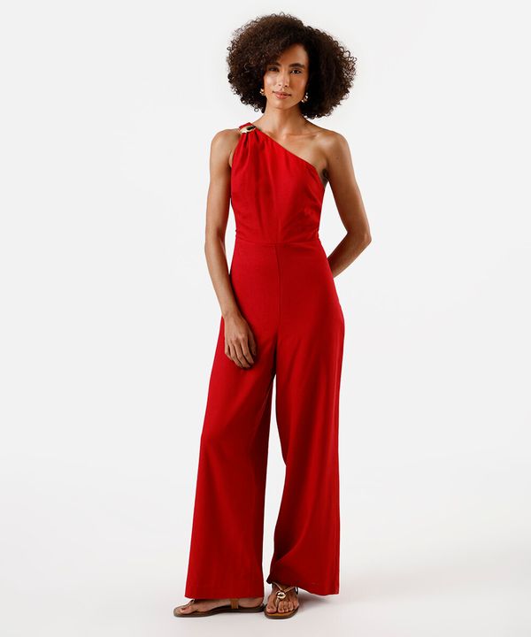 macacão ombro único feminino com linho vermelho M