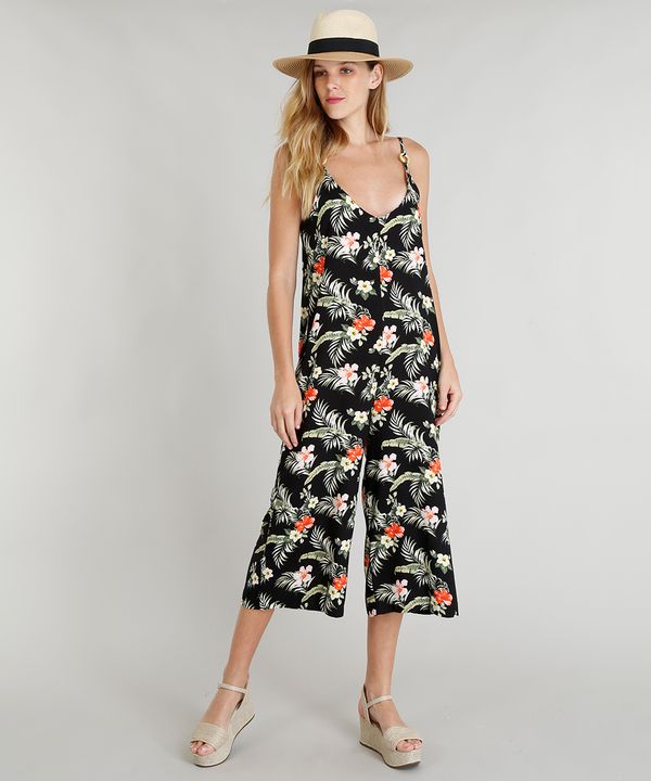 Macacão Pantacourt Feminino Estampado Floral com Argolas Preto M