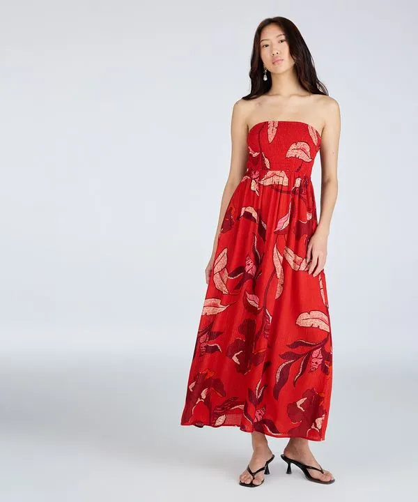vestido longo feminino de viscose com lurex floral vermelho P