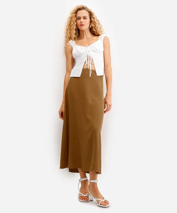 saia midi feminina evasê de viscose marrom 38