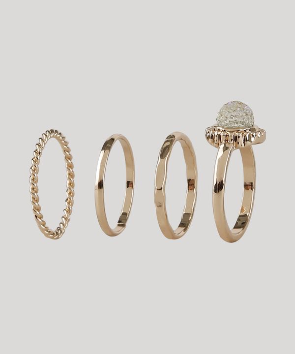 Kit de 4 Anéis Femininos com Pedra Zircônia Dourado M