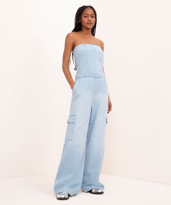 macacão jeans sem alça cargo pequena sereia mindset azul claro M