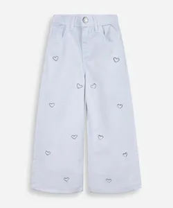 calça wide leg infantil com corações bordados branco 4