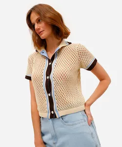 cardigan feminino de tricot manga curta com listras bege M
