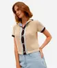 cardigan feminino de tricot manga curta com listras bege P