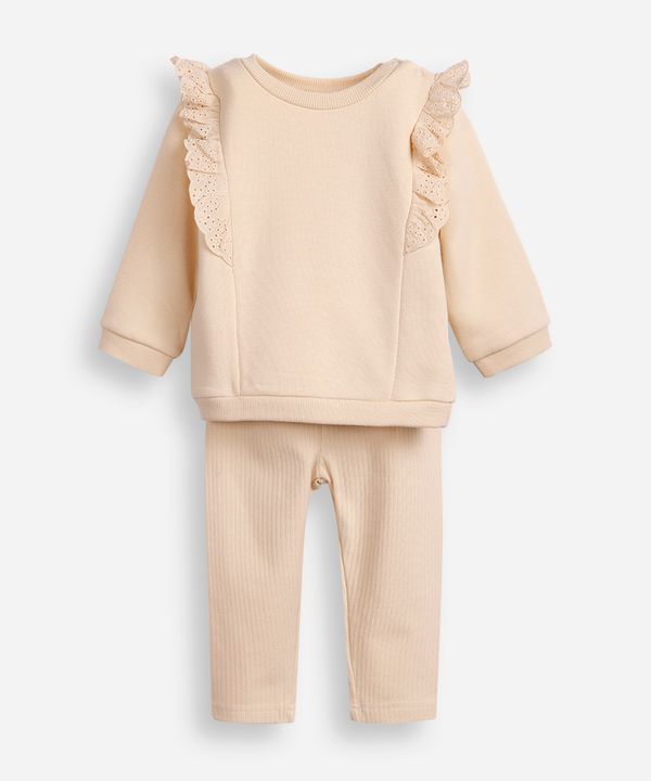 conjunto infantil longo de moletom com babado de laise bege 9-12