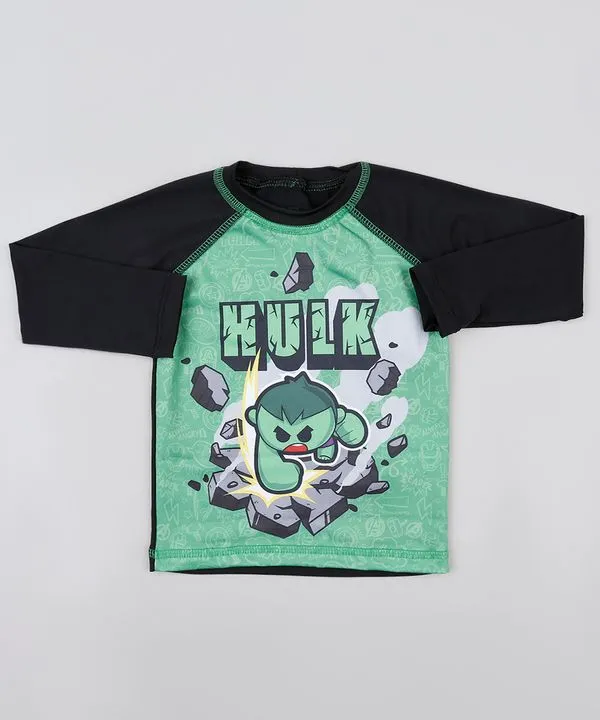 Camiseta de Praia Infantil Hulk Raglan com Proteção UV50+ Preta 1