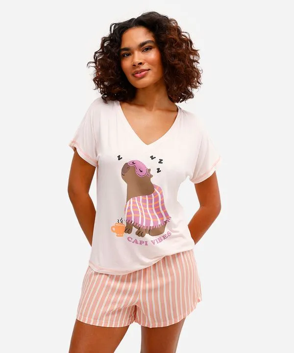pijama short doll feminino em viscose capivara laranja PP