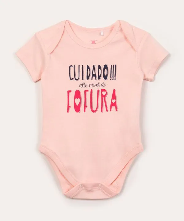 body infantil manga curta frase rosa claro 3-6