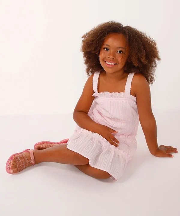 vestido curto infantil de algodão texturizado rosa 4