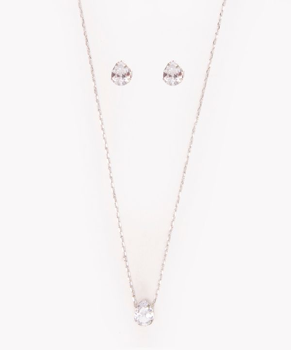 kit de brincos com colar gota de strass prateado Único