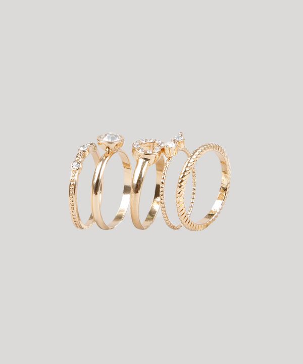 Kit de 5 Anéis Femininos Folheados com Coração e Strass Dourado P