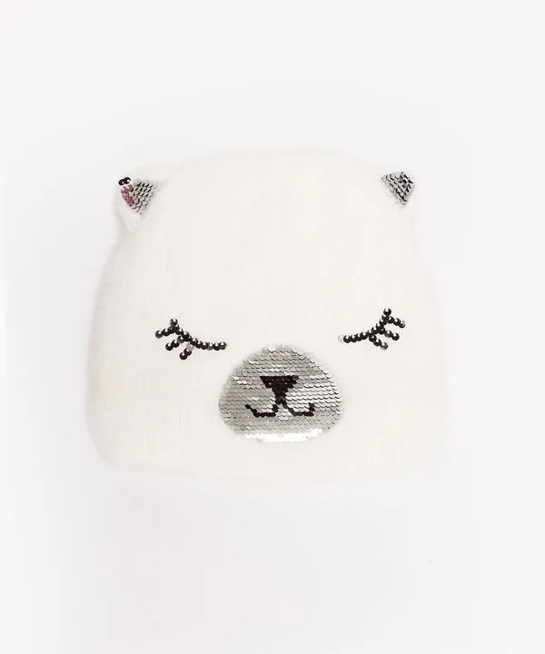 gorro infantil de tricot ursinho paetês branco Único