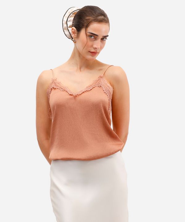 blusa feminina alça fina com renda texturizada bege P