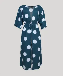 Saída de Praia Kaftan Estampada de Poá Curta Manga Curta Verde Escuro P