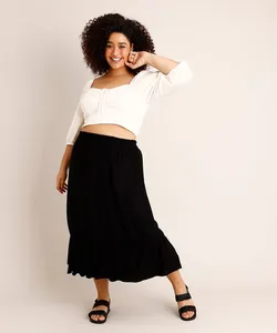 Saia Plus Size Midi com Lastex e Babado Preta GG3