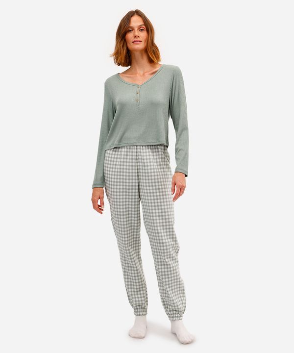 pijama longo feminino xadrez verde P