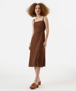 vestido midi feminino com linho e fenda marrom M