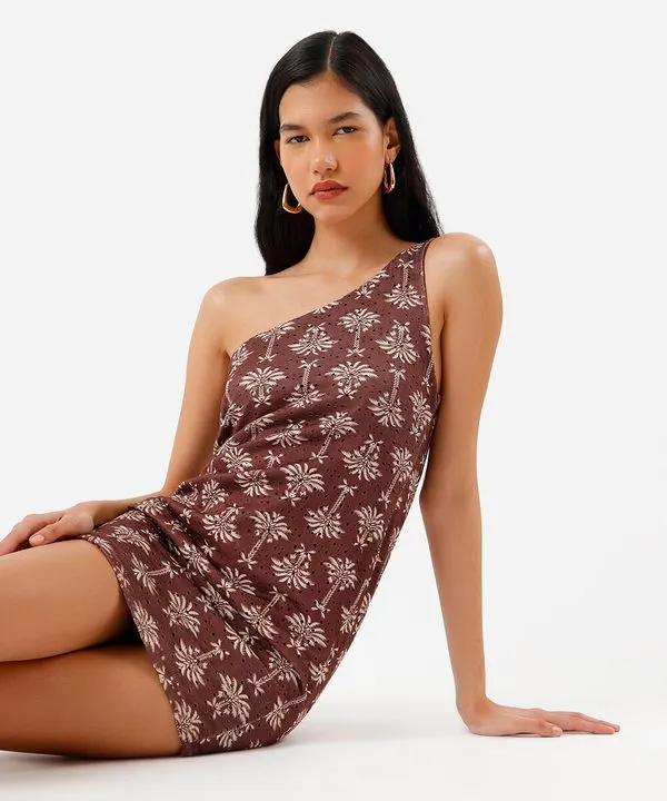 vestido curto feminino ombro único folhagens marrom GG