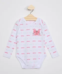 Body Infantil Manga Longa Estampado Meow com Bordado Gatinho Off White 9-12