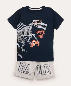 conjunto infantil de camiseta manga curta dinossauro + bermuda azul marinho 10