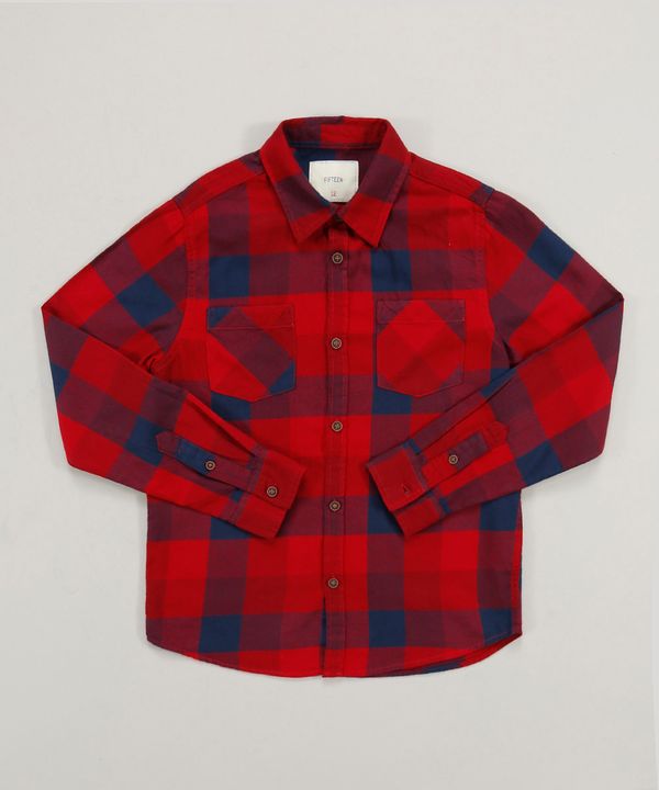 Camisa Juvenil em Flanela Estampada Xadrez com Bolso Manga Longa Vermelha 14