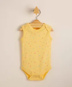 Body Infantil de Algodão Estampado Corações Sem Manga Amarelo 12-18