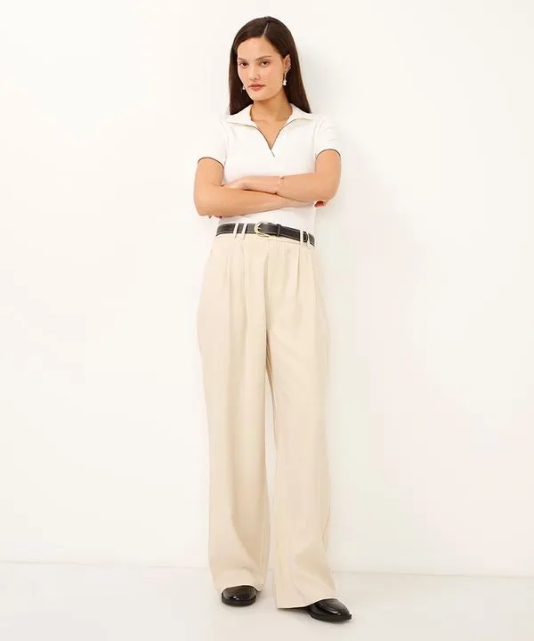 calça wide leg de alfaiataria com pregas bege 36