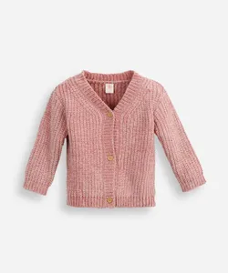 cardigan infantil de tricot chenille decote v rosa 3-6
